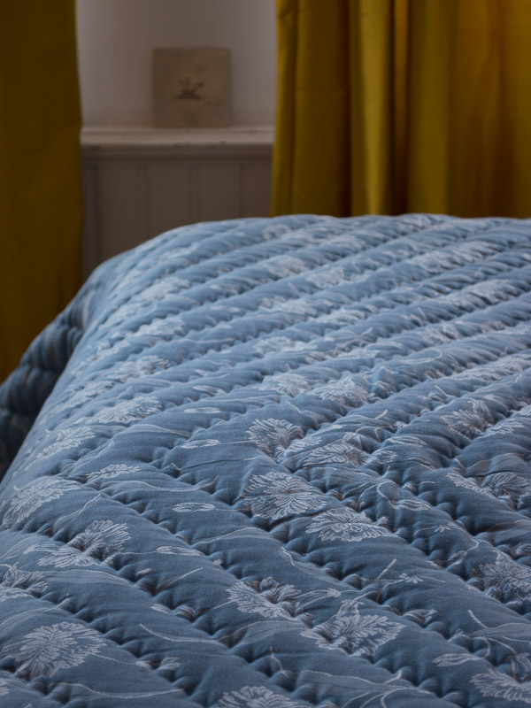 quilted bedspread, blue with grey